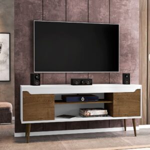 Manhattan Comfort Bradley 62.99 TV Stand White and Rustic Brown with 2 Media Shelves and 2 Storage Shelves in White and Rustic Brown with Solid Wood Legs