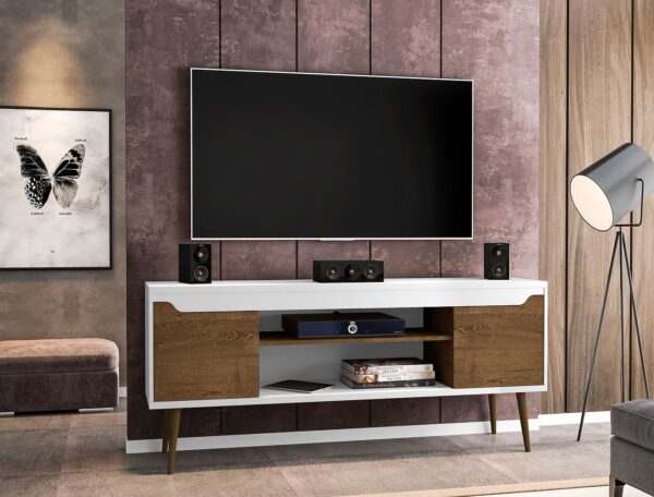 Manhattan Comfort Bradley 62.99 TV Stand White and Rustic Brown with 2 Media Shelves and 2 Storage Shelves in White and Rustic Brown with Solid Wood Legs