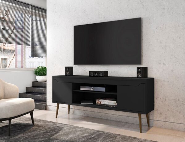 Manhattan Comfort Bradley 62.99 TV Stand Black with 2 Media Shelves and 2 Storage Shelves in Black with Solid Wood Legs