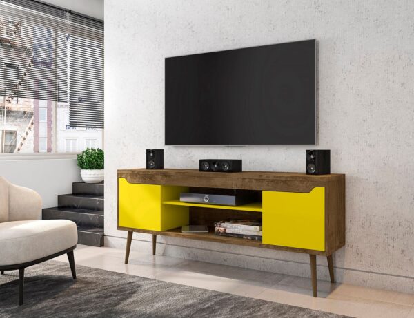 Manhattan Comfort Bradley 62.99 TV Stand Rustic Brown and Yellow with 2 Media Shelves and 2 Storage Shelves in Rustic Brown and Yellow with Solid Wood Legs