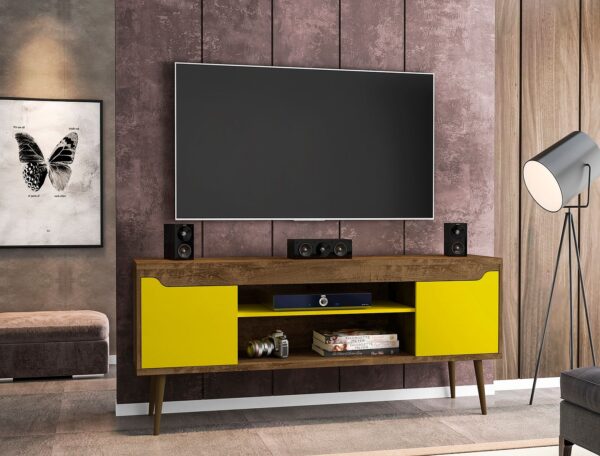 Manhattan Comfort Bradley 62.99 TV Stand Rustic Brown and Yellow with 2 Media Shelves and 2 Storage Shelves in Rustic Brown and Yellow with Solid Wood Legs