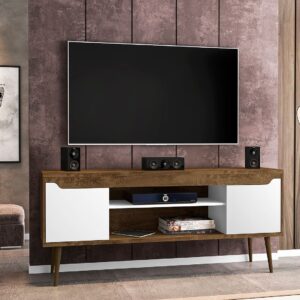 Manhattan Comfort Bradley 62.99 TV Stand Rustic Brown and White with 2 Media Shelves and 2 Storage Shelves in Rustic Brown and White with Solid Wood Legs