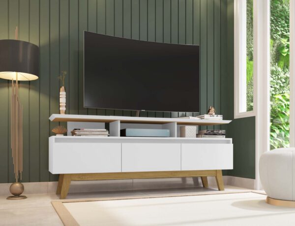 Manhattan Comfort Yonkers 62.99 TV Stand with Solid Wood Legs and 6 Media and Storage Compartments in White