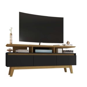 Manhattan Comfort Yonkers 62.99 TV Stand with Solid Wood Legs and 6 Media and Storage Compartments in Black and Cinnamon