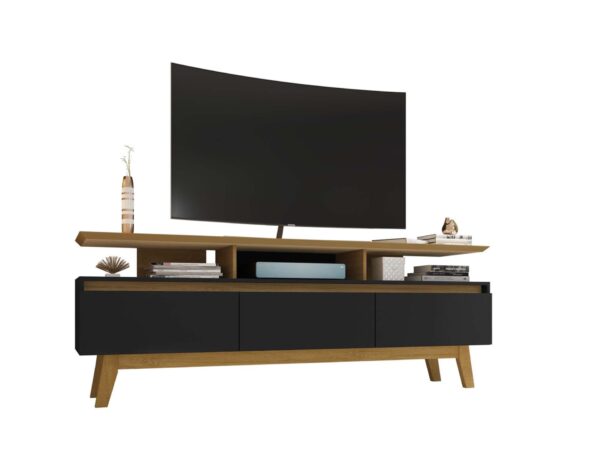 Manhattan Comfort Yonkers 70.86 TV Stand with Solid Wood Legs and 6 Media and Storage Compartments in Black and Cinnamon