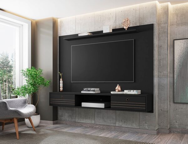 Manhattan Comfort Liberty 70.86 Floating Wall Entertainment Center with Overhead Shelf in Black