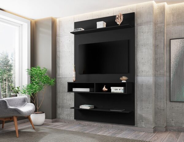 Manhattan Comfort Libra Long Floating 45.35 Wall Entertainment Center with Overhead Shelf in Black