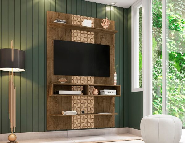 Manhattan Comfort Libra Long Floating 45.35 Wall Entertainment Center with Overhead Shelf in Rustic Brown and 3D Brown Prints