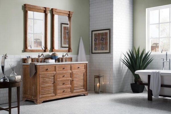 James Martin 238-104-5611-3AF Savannah 60 Inch Driftwood Double Vanity with 3 cm Arctic Fall Solid Surface Top