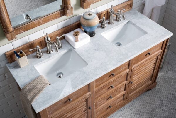 James Martin 238-104-5611-3CAR Savannah 60 Inch Driftwood Double Vanity with 3 cm Carrara Marble Top