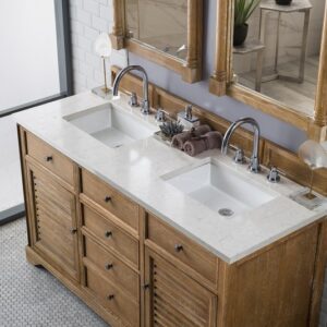 James Martin 238-104-5611-3EJP Savannah 60 Inch Double Vanity Cabinet in Driftwood with 3 cm Eternal Jasmine Pearl Quartz Top with Sink