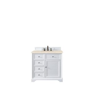 James Martin 238-104-V36-BW-3EMR Savannah 36 Inch Single Vanity Cabinet in Bright White with 3 CM Eternal Marfil Quartz Top