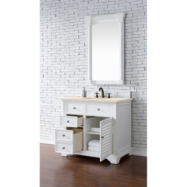 James Martin 238-104-V36-BW-3EMR Savannah 36 Inch Single Vanity Cabinet in Bright White with 3 CM Eternal Marfil Quartz Top