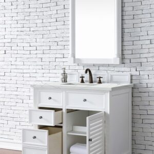 James Martin 238-104-V36-BW-3ENC Savannah 36 Inch Single Vanity Cabinet with Ethereal Noctis Quartz Top - Bright White