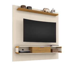 Manhattan Comfort Camberly 62.36 Floating Entertainment Center with 3 Shelves and Overhead D?cor Shelf in Off White and Cinnamon