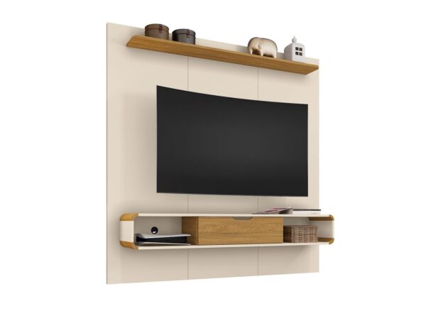 Manhattan Comfort Camberly 62.36 Floating Entertainment Center with 3 Shelves and Overhead D?cor Shelf in Off White and Cinnamon