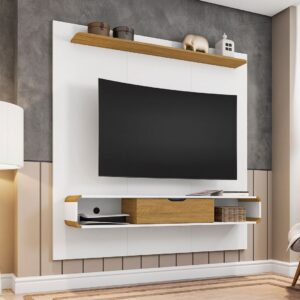 Manhattan Comfort Camberly 62.36 Floating Entertainment Center with 3 Shelves and Overhead D?cor Shelf in White and Cinnamon