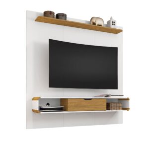 Manhattan Comfort Camberly 62.36 Floating Entertainment Center with 3 Shelves and Overhead D?cor Shelf in White and Cinnamon