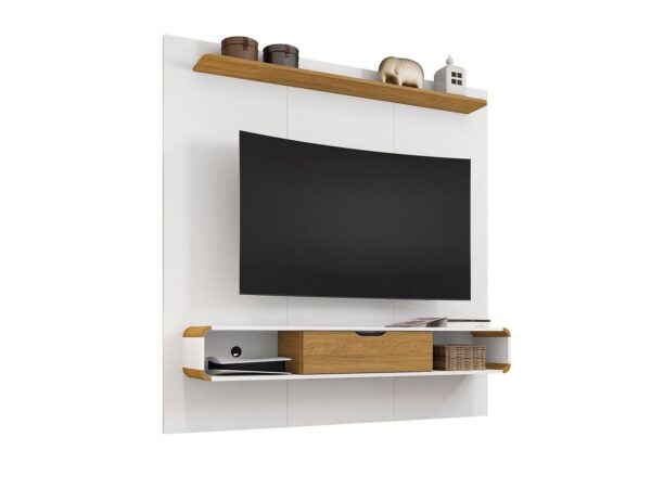 Manhattan Comfort Camberly 62.36 Floating Entertainment Center with 3 Shelves and Overhead D?cor Shelf in White and Cinnamon