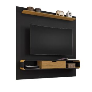 Manhattan Comfort Camberly 62.36 Floating Entertainment Center with 3 Shelves and Overhead D?cor Shelf in Black and Cinnamon