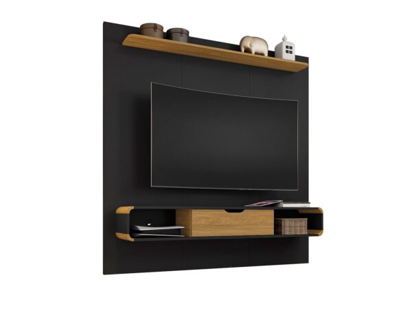 Manhattan Comfort Camberly 62.36 Floating Entertainment Center with 3 Shelves and Overhead D?cor Shelf in Black and Cinnamon