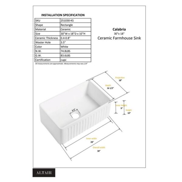 Altair 251030-KS Calabria 30 Inch Porcelain Vitreous China Farmhouse Kitchen Sink