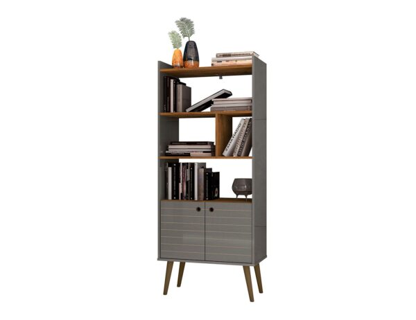 Manhattan Comfort Bogart 62.6" Mid-Century Modern Bookcase in Grey and Nature