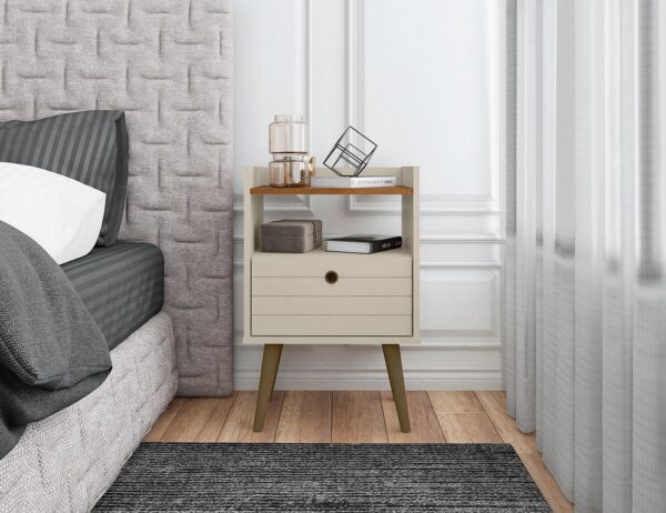 Manhattan Comfort Bogart Mid-Century Modern Nightstand in Off-White and Nature