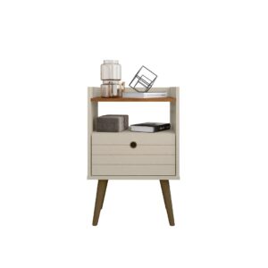 Manhattan Comfort Bogart Mid-Century Modern Nightstand in Off-White and Nature