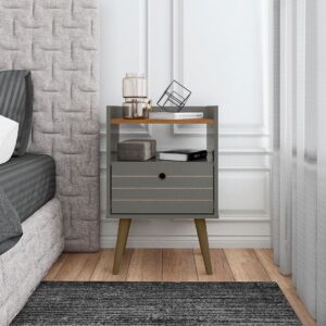 Manhattan Comfort Bogart Mid-Century Modern Nightstand in Grey and Nature