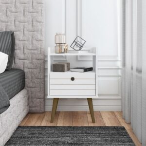 Manhattan Comfort Bogart Mid-Century Modern Nightstand in White and Nature