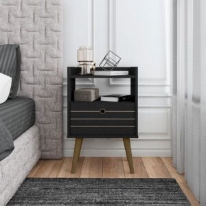 Manhattan Comfort Bogart Mid-Century Modern Nightstand in Black and Nature