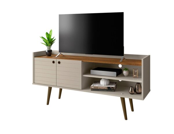 Manhattan Comfort Bogart 53.54" Mid-Century Modern TV Stand in Off-White and Nature