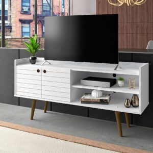 Manhattan Comfort Bogart 53.54" Mid-Century Modern TV Stand in White and Nature