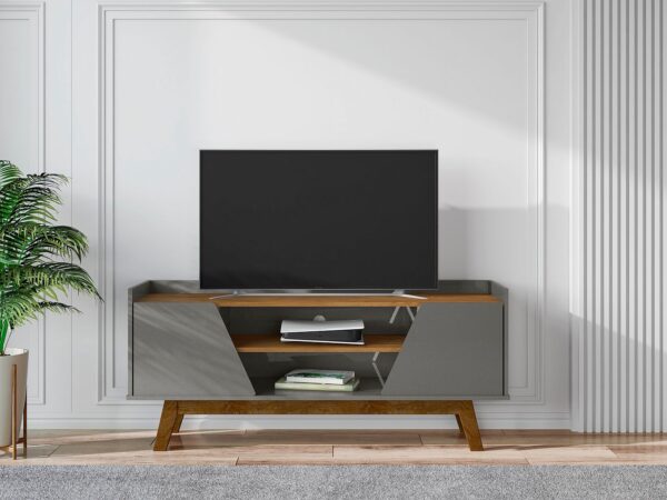 Manhattan Comfort Mid-Century Modern Marcus 53.14 TV Stand with Solid Wood Legs in Grey and Nature