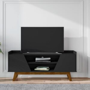 Manhattan Comfort Mid-Century Modern Marcus 53.14 TV Stand with Solid Wood Legs in  Matte Black