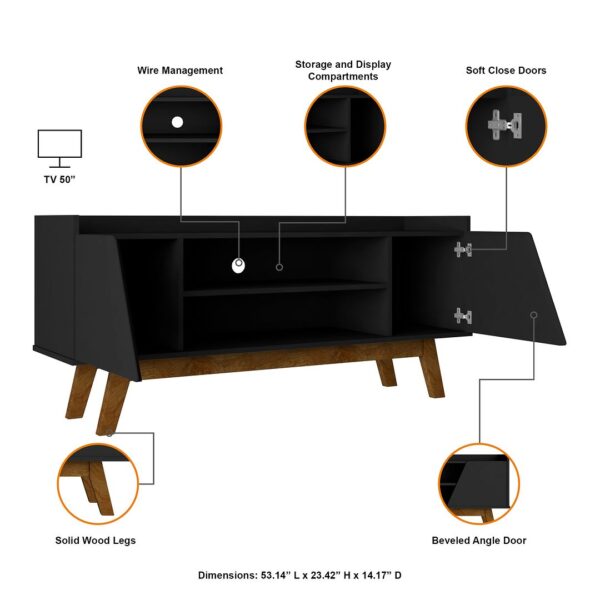 Manhattan Comfort Mid-Century Modern Marcus 53.14 TV Stand with Solid Wood Legs in  Matte Black