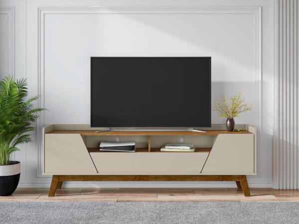 Manhattan Comfort Mid-Century Modern Marcus 70.86 TV Stand with Solid Wood Legs in Greige and Nature