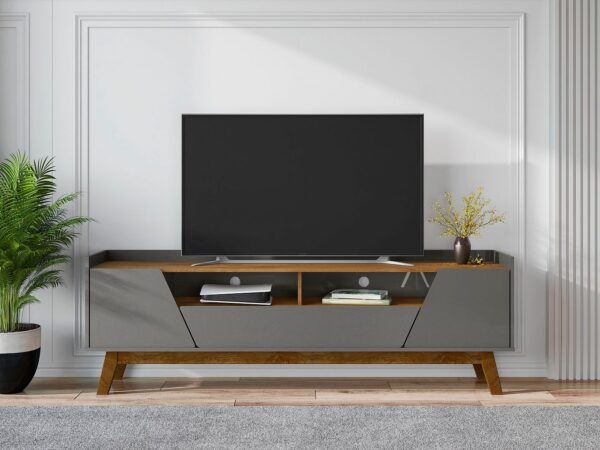 Manhattan Comfort Mid-Century Modern Marcus 70.86 TV Stand with Solid Wood Legs in Grey and Nature