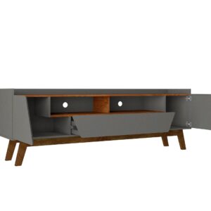 Manhattan Comfort Mid-Century Modern Marcus 70.86 TV Stand with Solid Wood Legs in Grey and Nature