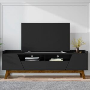 Manhattan Comfort Mid-Century Modern Marcus 70.86 TV Stand with Solid Wood Legs in  Matte Black