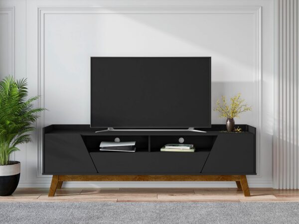 Manhattan Comfort Mid-Century Modern Marcus 70.86 TV Stand with Solid Wood Legs in  Matte Black