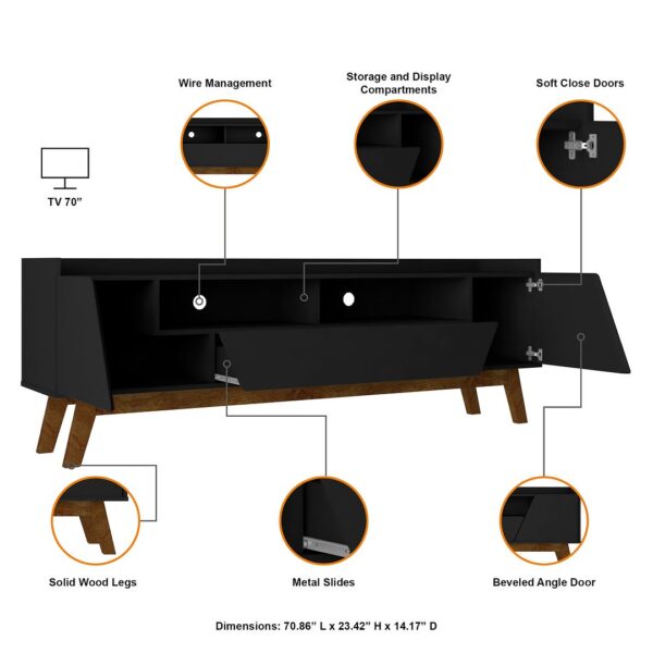 Manhattan Comfort Mid-Century Modern Marcus 70.86 TV Stand with Solid Wood Legs in  Matte Black