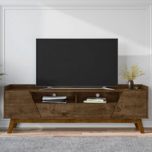 Manhattan Comfort Mid-Century Modern Marcus 70.86 TV Stand with Solid Wood Legs in  Rustic Brown