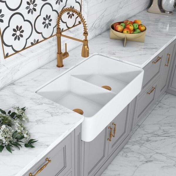 Altair 281032-KDS Trieste 32 Inch Rectangular Ceramic Vessel Double Bowl Bathroom Sink - Glossy White