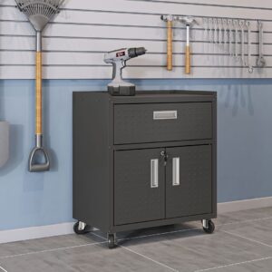 Manhattan Comfort Fortress Textured Metal 31.5" Garage Mobile Cabinet with 1 Full Extension Drawer and 2 Adjustable Shelves in Charcoal Grey