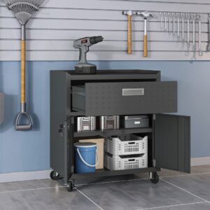 Manhattan Comfort Fortress Textured Metal 31.5" Garage Mobile Cabinet with 1 Full Extension Drawer and 2 Adjustable Shelves in Charcoal Grey