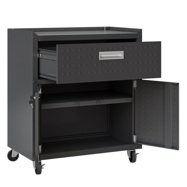 Manhattan Comfort Fortress Textured Metal 31.5" Garage Mobile Cabinet with 1 Full Extension Drawer and 2 Adjustable Shelves in Charcoal Grey