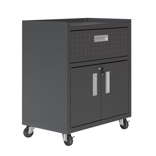 Manhattan Comfort Fortress Textured Metal 31.5" Garage Mobile Cabinet with 1 Full Extension Drawer and 2 Adjustable Shelves in Charcoal Grey