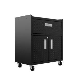 Manhattan Comfort Fortress Textured Metal 31.5" Garage Mobile Cabinet with 1 Full Extension Drawer and 2 Adjustable Shelves in Charcoal Grey